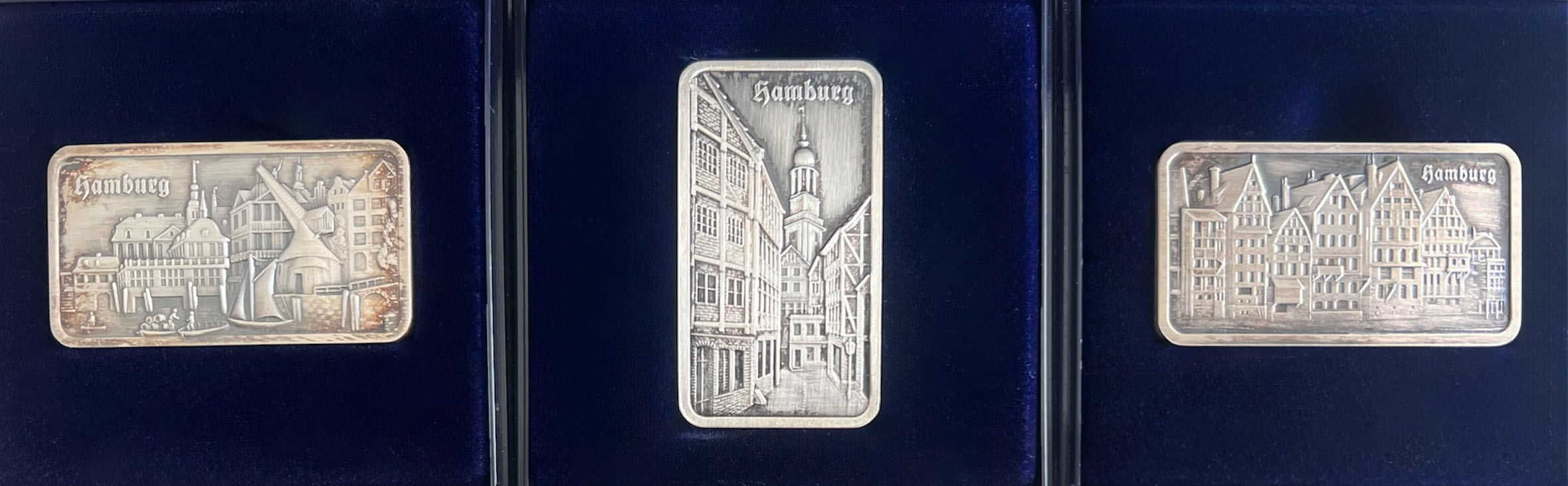 ALT-HAMBURG Set mit drei Motiv-Feinsilberbarren zu je 1 Unze