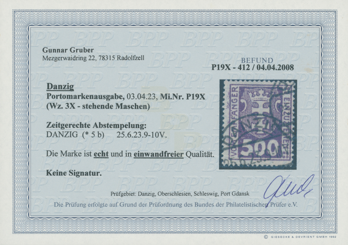 DANZIG PORTO 1923 MiNr. P 19 X