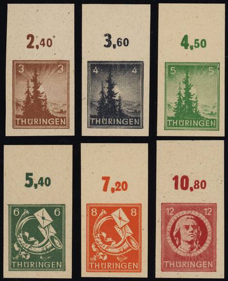 SBZ MiNr. 92-97 U, ungezähnt, komplette Serie vom Oberrand SBZ MiNr. 92-97 U, ungezähnt, komplette Serie vom Oberrand