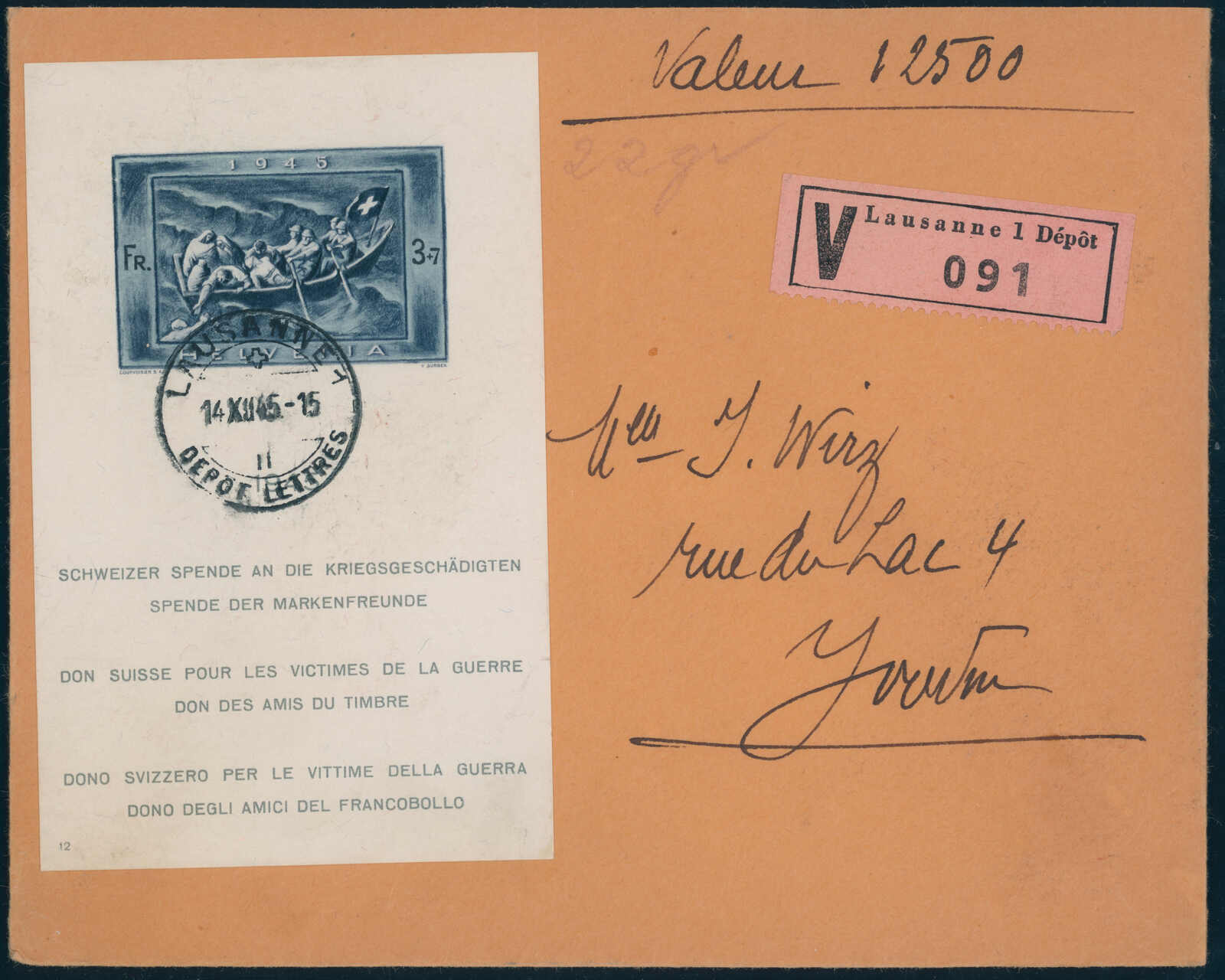 SCHWEIZ 1945 Block 11 portogerechter Wertbrief
