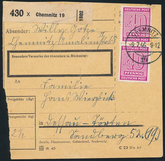 SBZ MiNr. 136 wc Y, Paar auf Paketkarte SBZ MiNr. 136 wc Y, Paar auf Paketkarte