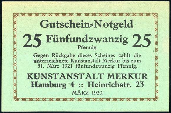 Hamburg 1920 Kunstanstalt Merkur 540.1 25 Pfg.