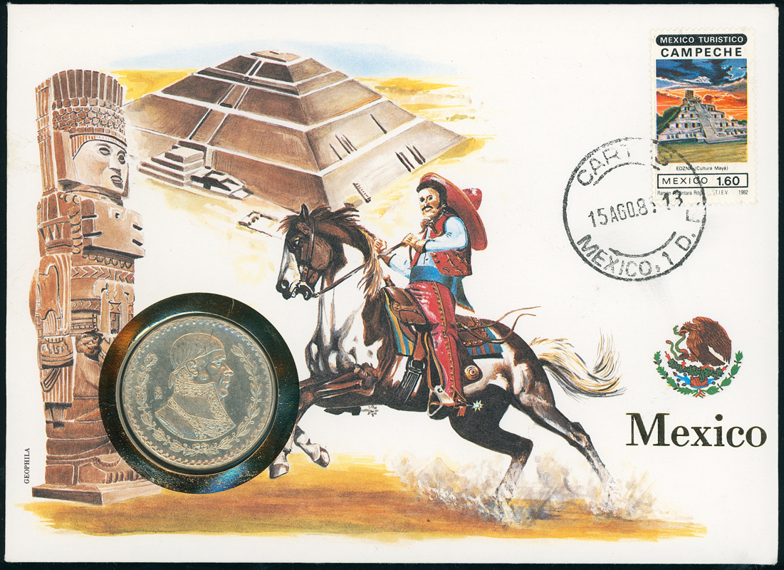 MEXIKO 1959/1982 Numisbrief Brief der Nation mit 1 Peso Silber 