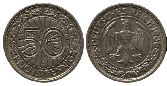 WEIMAR 50 Reichspfennig 1936 A Jaeger 324