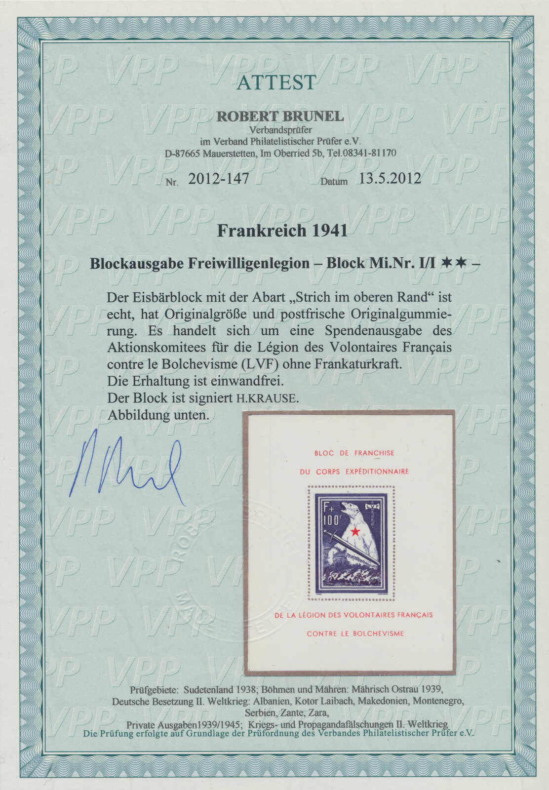 FRANKREICH LEGIONÄRSMARKEN 1941 Block I PF I Eisbärblock