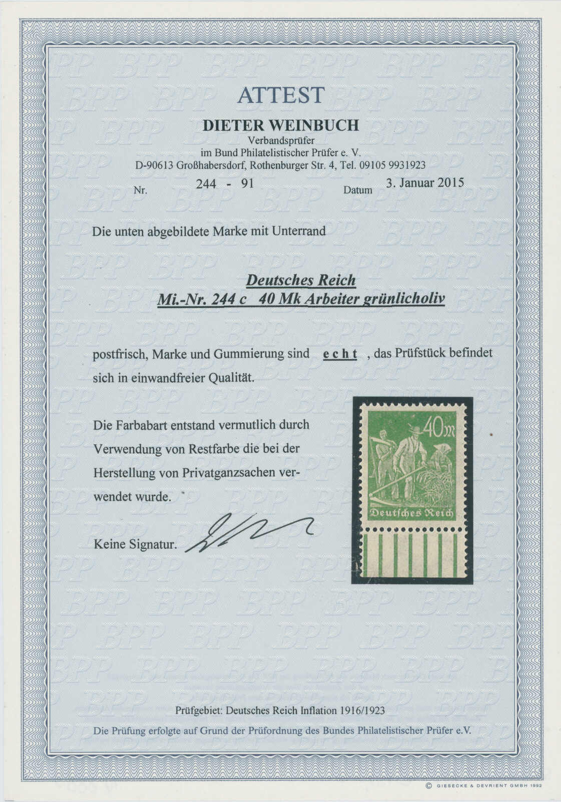 DEUTSCHES REICH 1923 MiNr. 244 c seltene Farbe