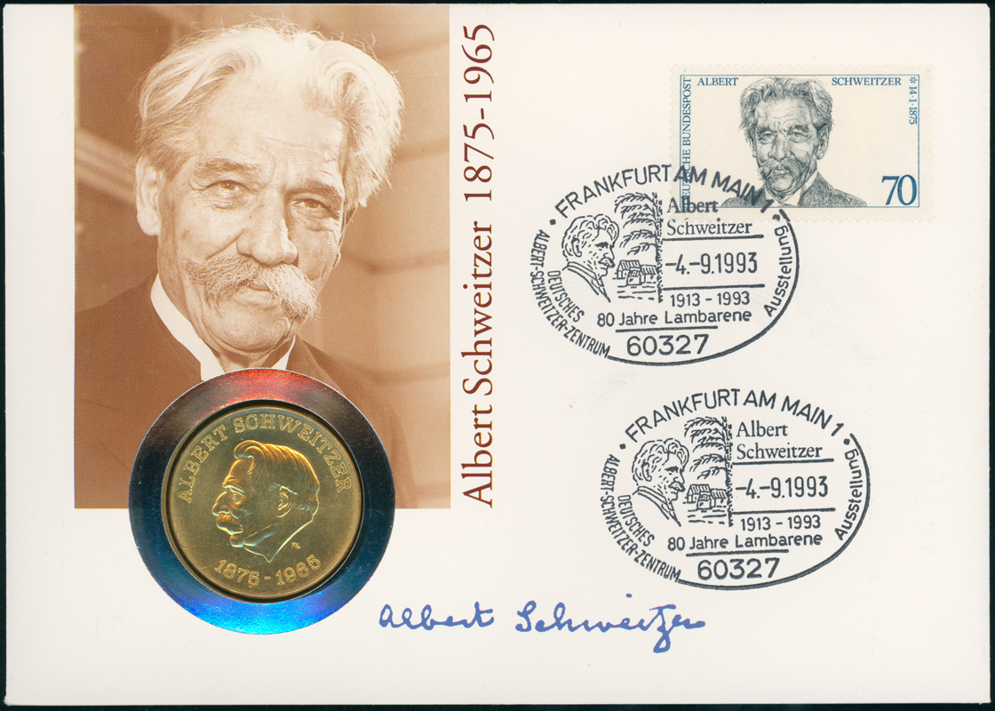 DDR/BRD 1975/1993 Numisbrief Albert Schweitzer mit DDR 10 Mark Jaeger 1554