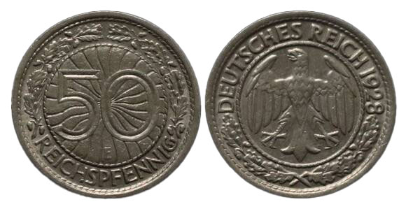 WEIMAR 50 Reichspfennig 1928 F Jaeger 324 WEIMAR 50 Reichspfennig 1928 F Jaeger 324