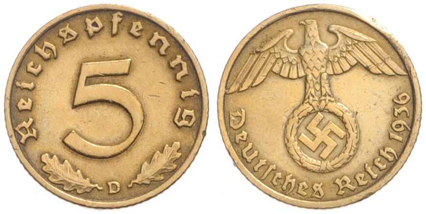 DRITTES REICH 5 Reichspfennig 1936 D, Jaeger 363