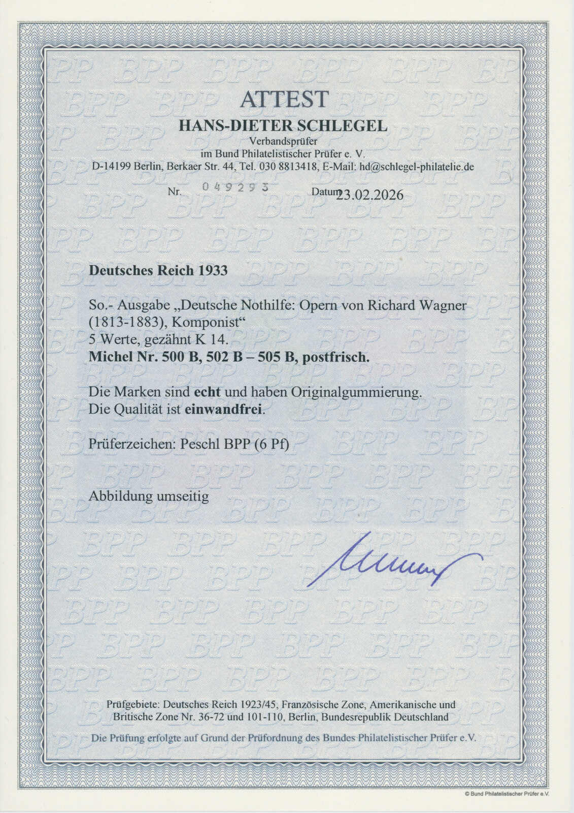 DEUTSCHES REICH 1933 MiNr. 500-505 B
