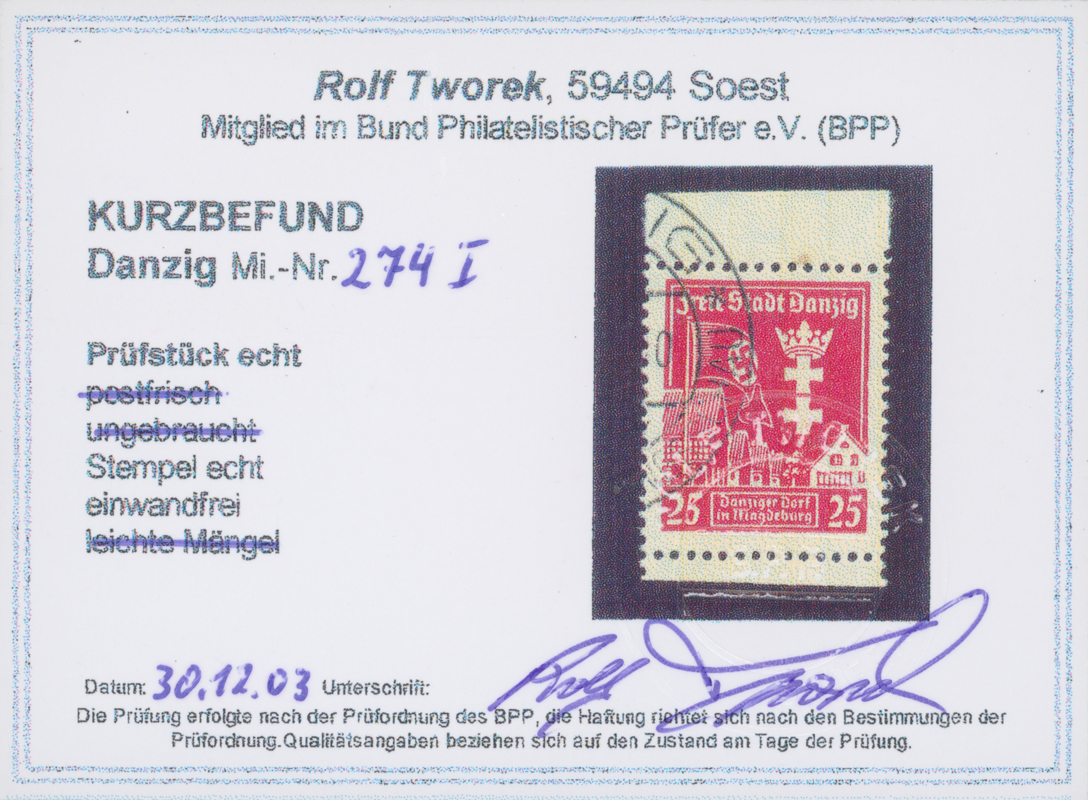 DANZIG 1937 MiNr. 274 I