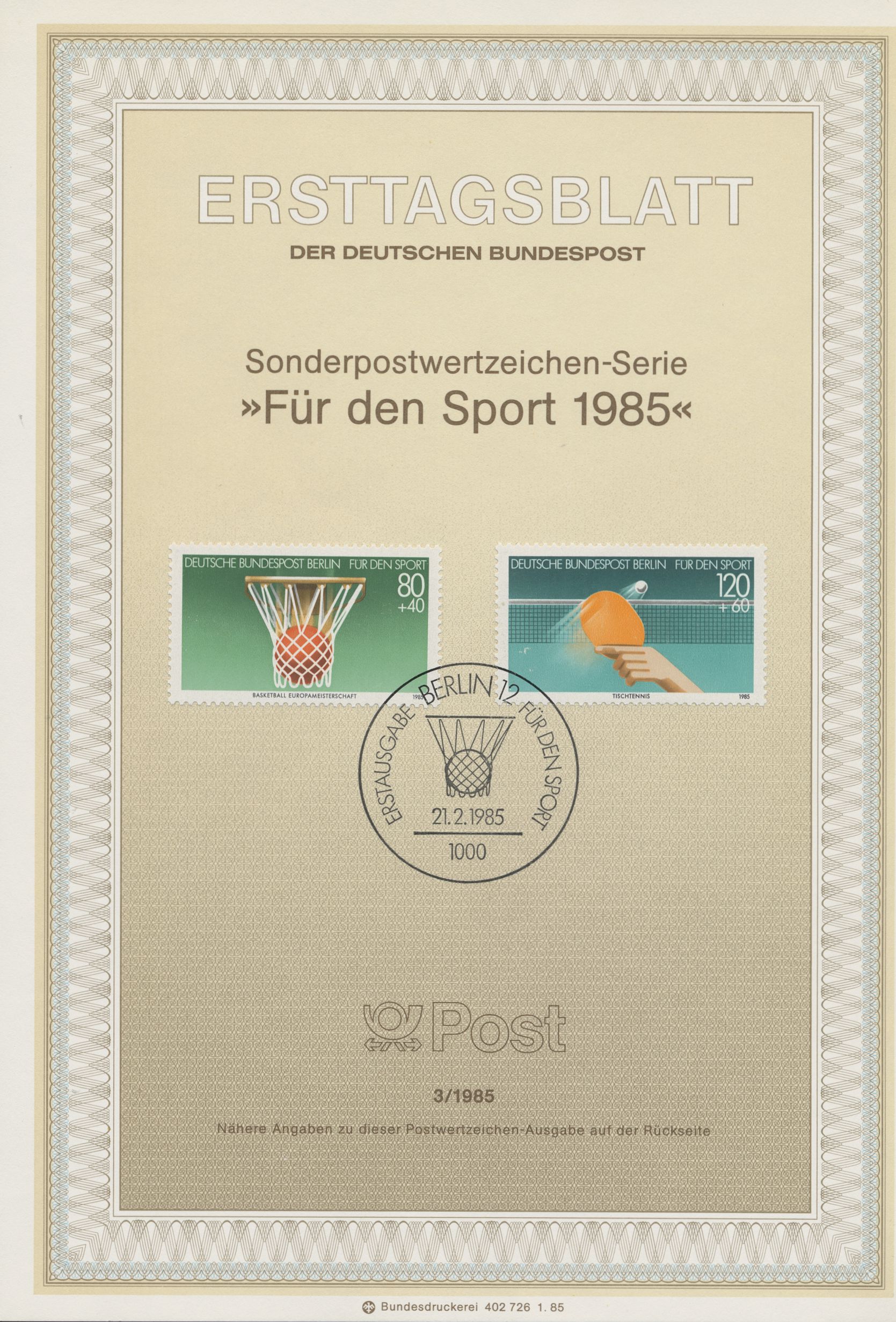 Berlin Ersttagsblätter Jahrgang 1985