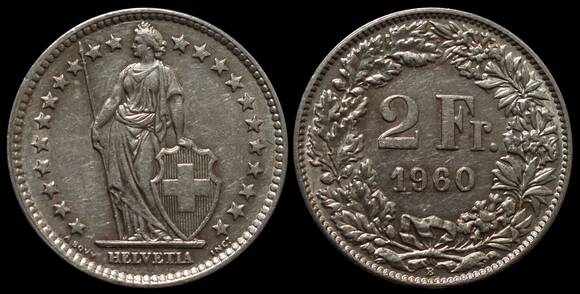 SCHWEIZ 2 Franken Silber aus 1914-1967