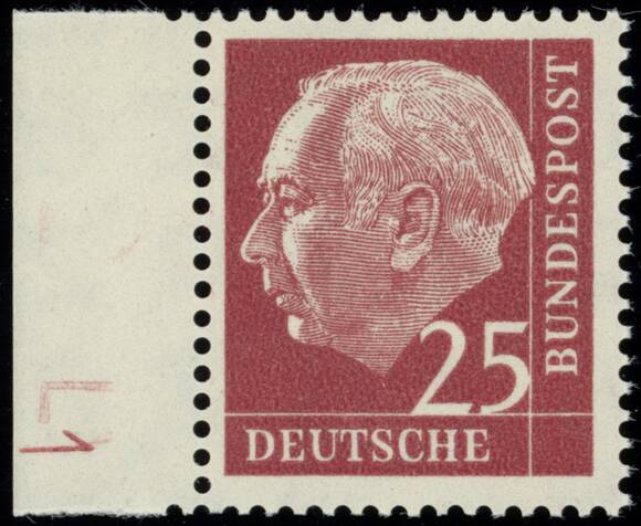 BRD 1960, Heuss lumogen MiNr. 186 y W DZ Druckerzeichen '1' positiv