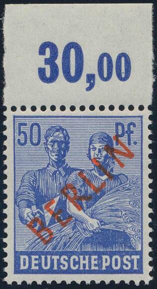 BERLIN 1949 MiNr. 30 P OR ndgz  Plattendruck-Oberrand BERLIN 1949 MiNr. 30 P OR ndgz  Plattendruck-Oberrand