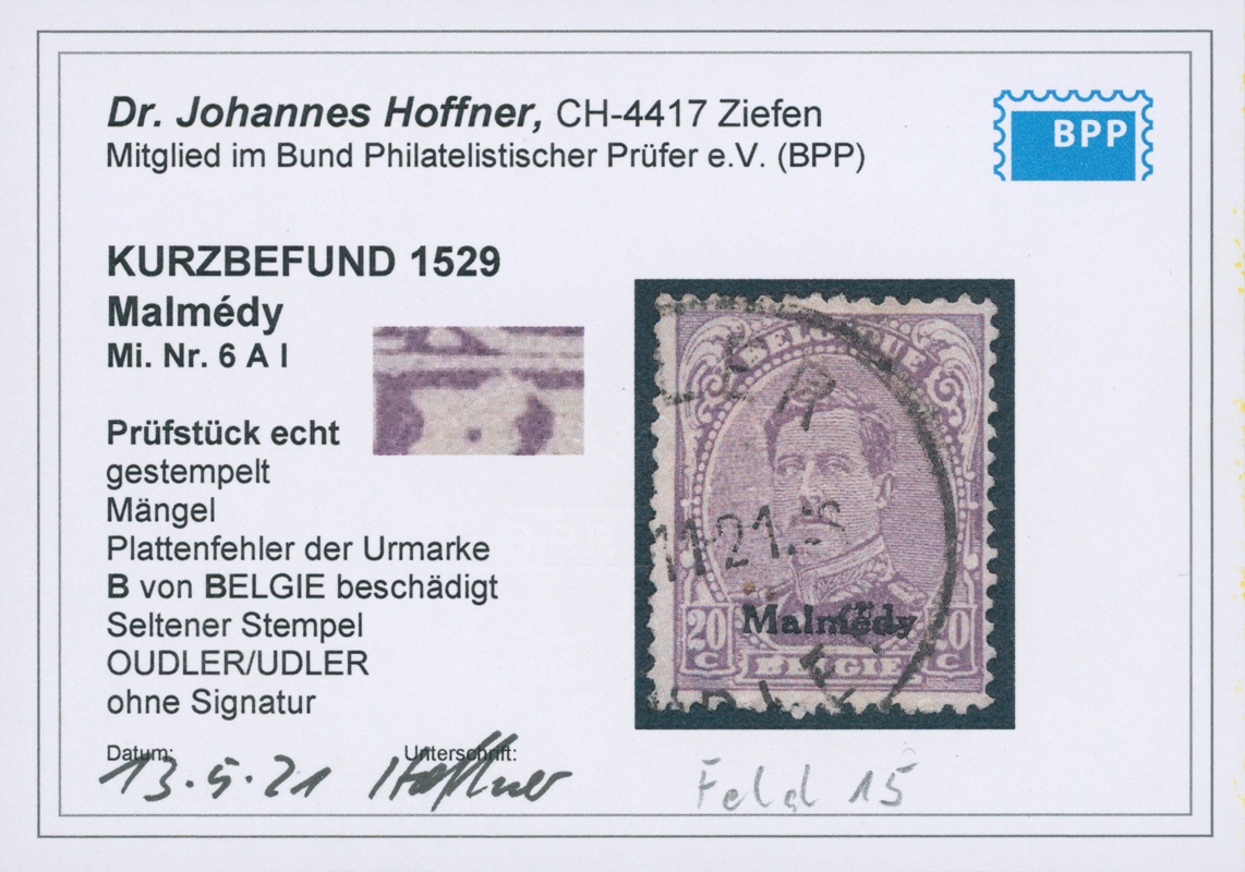 MALMÉDY 1920 MiNr. 6 A I PF seltener Stempel