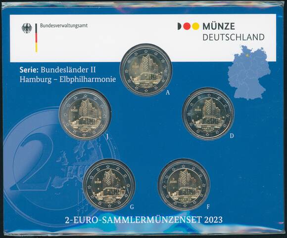 BRD 2023 Serie Bundesländer II 5 x 2 Euro Hamburg - Elbphilharmonie BRD 2023 Serie Bundesländer II 5 x 2 Euro Hamburg - Elbphilharmonie
