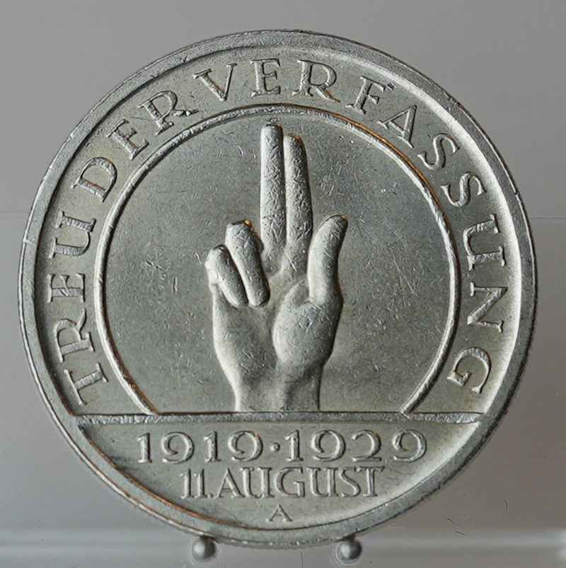 WEIMAR 5 Reichsmark 1929 A, Schwurhand, Jaeger 341 WEIMAR 5 Reichsmark 1929 A, Schwurhand, Jaeger 341