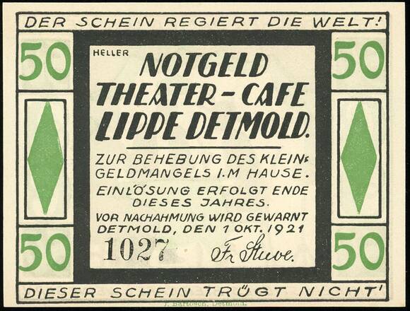 Detmold 1921 Theater-Café 270.1 50 Pfg.