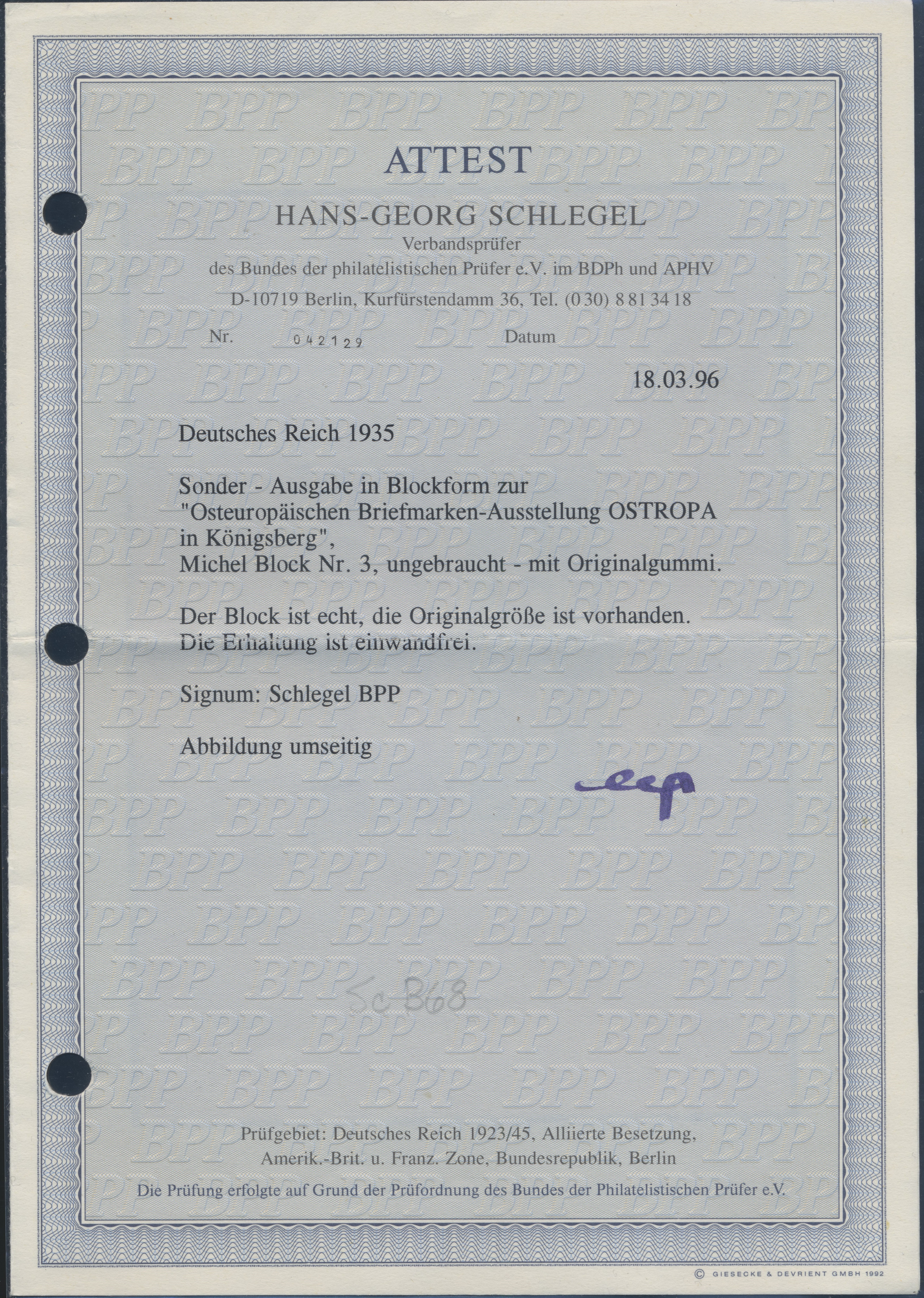 Deutsches Reich 1935 Block 3 Ostropa mit vollständigem Originalgummi