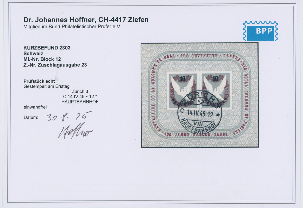 SCHWEIZ 1945 Block 12 mit Ersttags-Tagesstempel