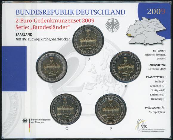 BRD 2009 Serie Bundesländer Saarland 5 x 2 Euro