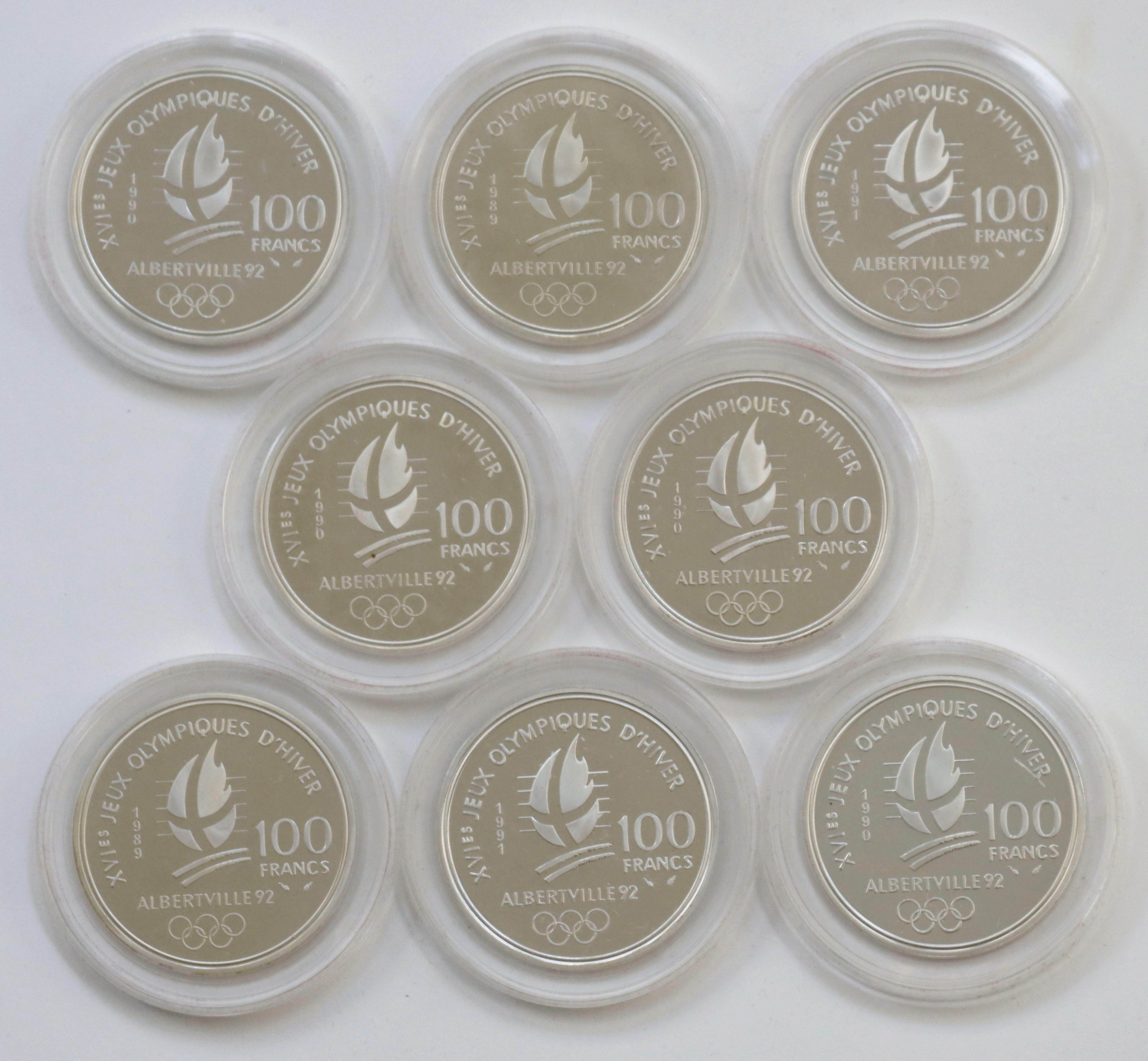 FRANKREICH 1989/1991 Sammlung mit 8 x 100 Francs Olympische Spiele Albertville 1992