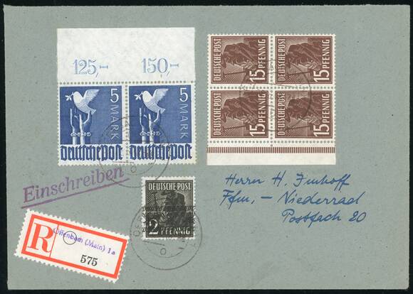 All. BES. ZEHNFACH, MiNr. 962 a P OR ndgz Oberrand-Paar auf R-Brief All. BES. ZEHNFACH, MiNr. 962 a P OR ndgz Oberrand-Paar auf R-Brief