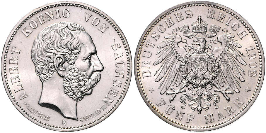 SACHSEN 5 Mark 1902 E Auf den Tod des Königs Jaeger 128