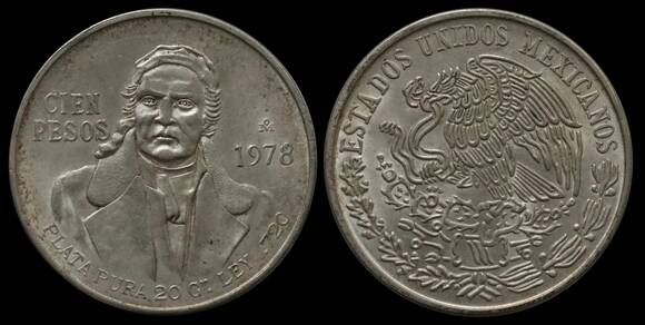 MEXIKO 100 Pesos Silber 1977-1979 José Maria Morelos Pavón