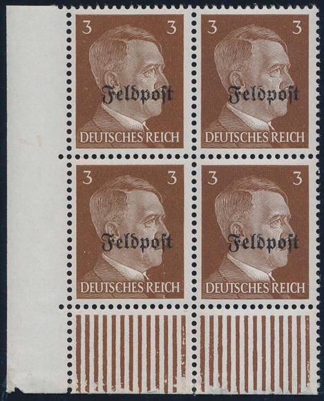 FELDPOST MiNr. 17 y Viererblock aus der linken, unteren Bogenecke FELDPOST MiNr. 17 y Viererblock aus der linken, unteren Bogenecke
