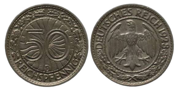 WEIMAR 50 Reichspfennig 1928 D Jaeger 324 WEIMAR 50 Reichspfennig 1928 D Jaeger 324