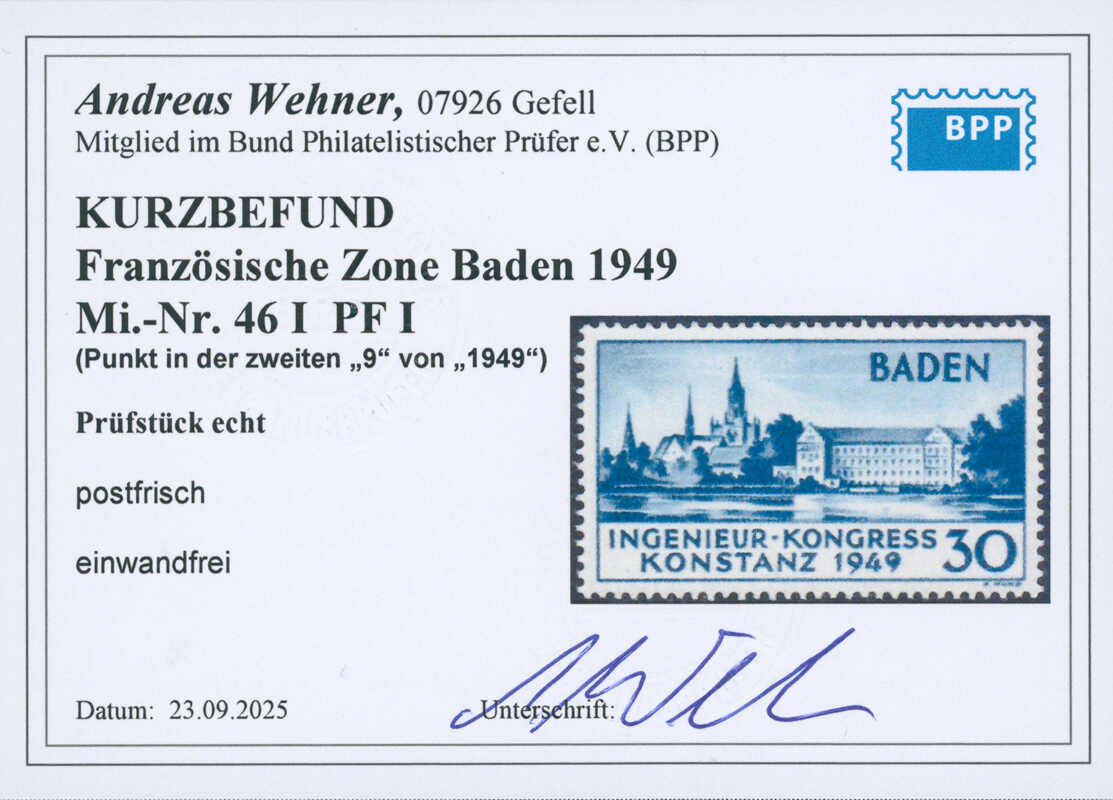 FZ BADEN, MiNr. 46 I PF I, guter Plattenfehler