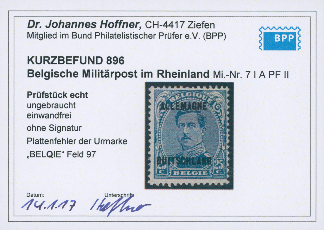 BELGISCHE MILITÄRPOST IM RHEINLAND 1919 MiNr. 7 A I PF II