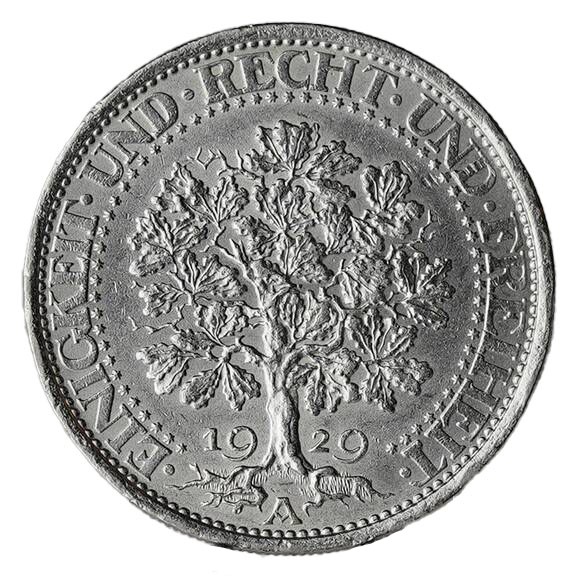 WEIMAR 5 Reichsmark Eichbaum, 1929 A, Jaeger 331