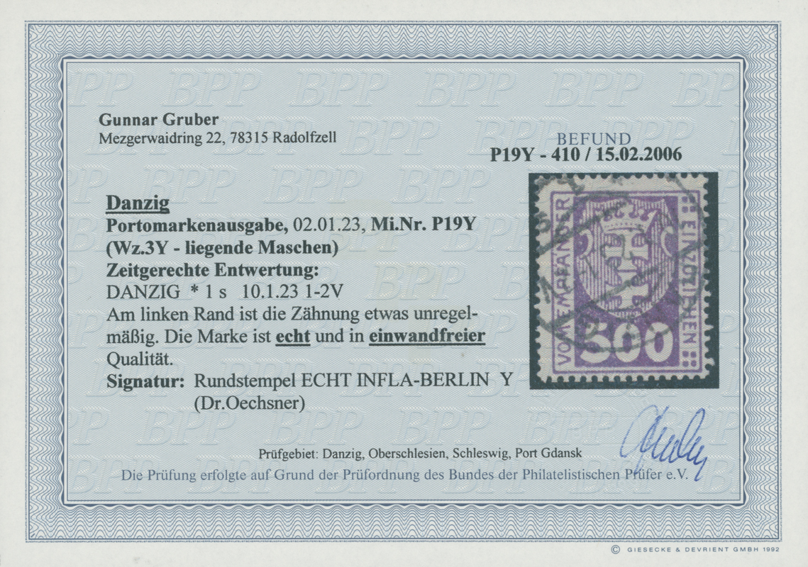 DANZIG PORTO 1923 MiNr. P 19 Y