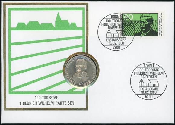 BRD 1968/1988 Numisbrief 100. Todestag Friedrich Wilhelm Raiffeisen