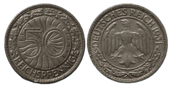 WEIMAR 50 Reichspfennig 1931 J Jaeger 324 WEIMAR 50 Reichspfennig 1931 J Jaeger 324