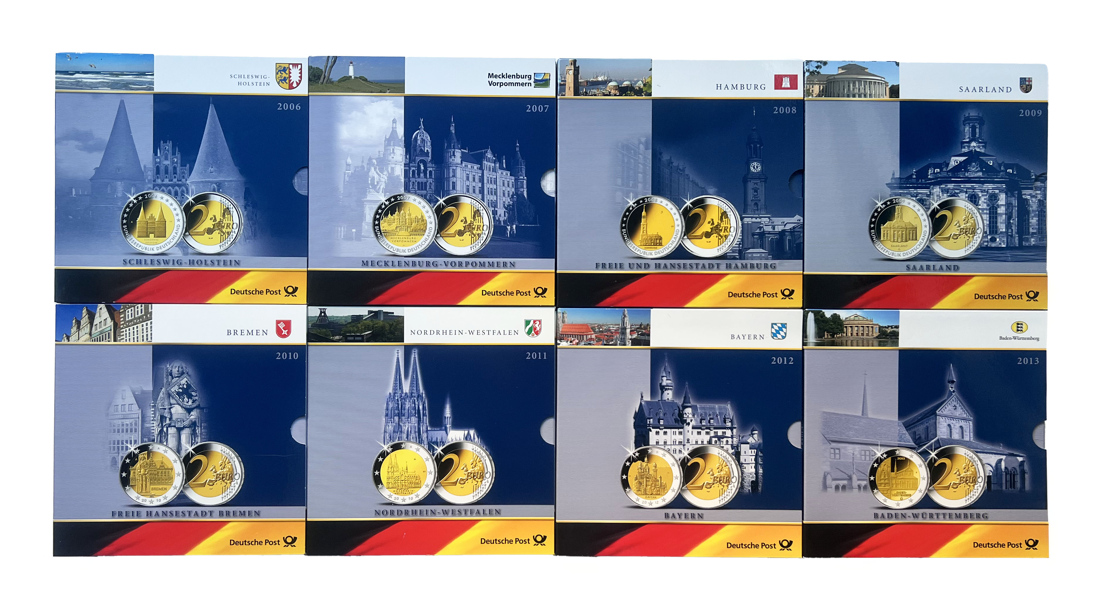 BRD 2006-2013 schöne Sammlung mit 8 x 2 Euro Serie Bundesländer in Foldern der Deutschen Post
