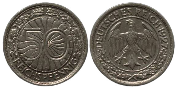 WEIMAR 50 Reichspfennig 1927 A Jaeger 324 WEIMAR 50 Reichspfennig 1927 A Jaeger 324