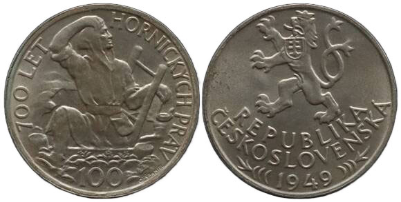 TSCHECHOSLOWAKEI 1949 100 Korun Silber, 700 Jahre Bergrecht Iglau