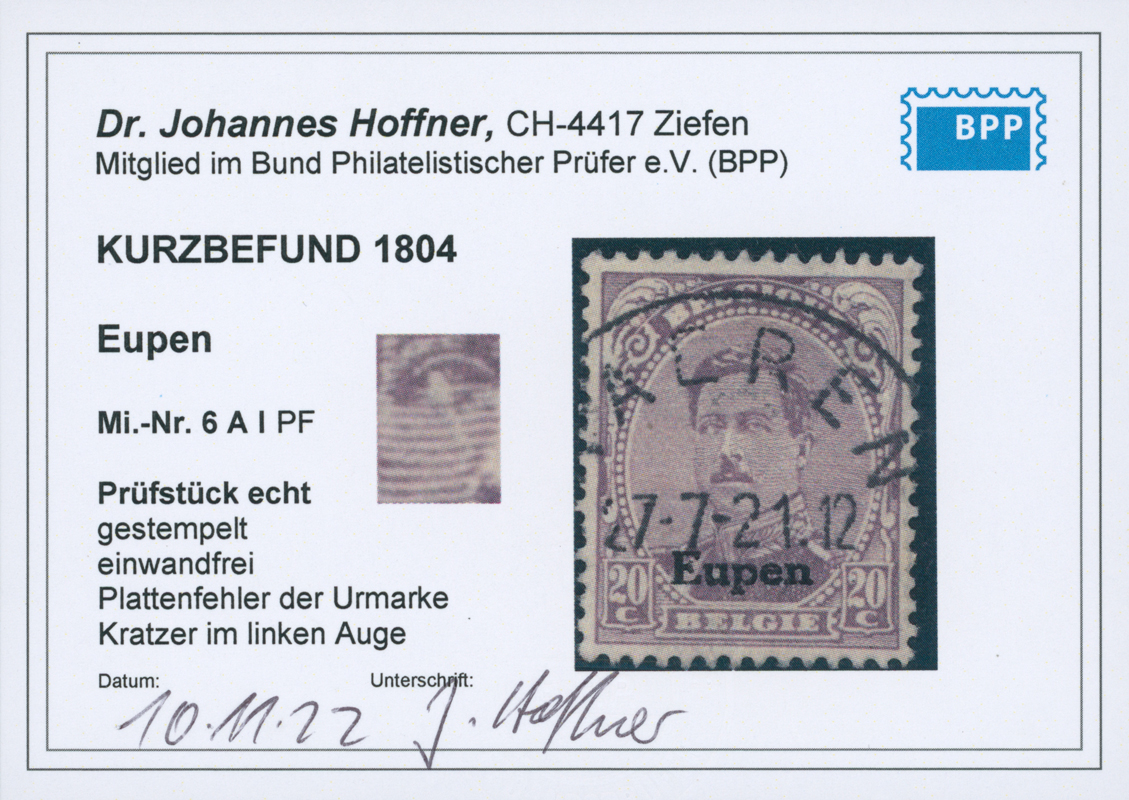 EUPEN 1920 MiNr. 6 A I PF