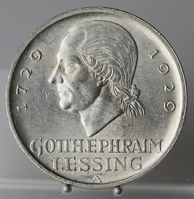 WEIMAR 5 Reichsmark, 1929 A, Lessing, Jaeger 336 WEIMAR 5 Reichsmark, 1929 A, Lessing, Jaeger 336